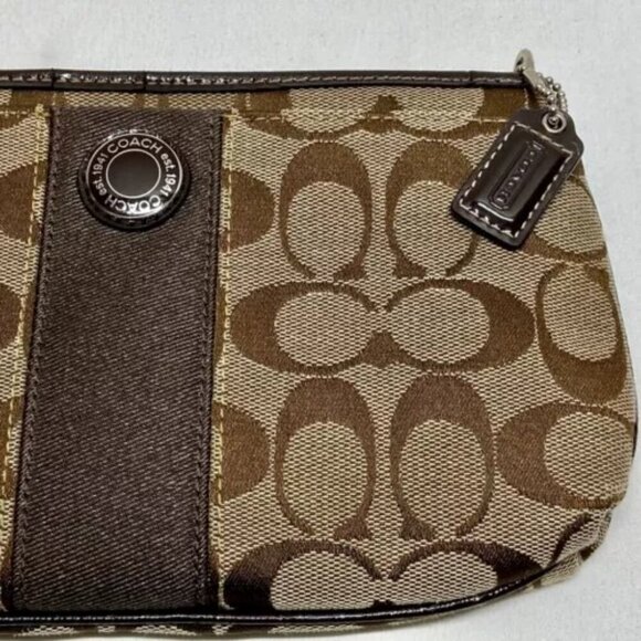 Coach Signature Large Stripe Wristlet Pouch Wallet Clutch Khaki Brown Canvas EUC - Picture 5 of 14